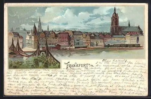 Lithographie Frankfurt a. M., Blick auf die Uferpromenade mit Brücke