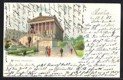 Lithographie Berlin, Passanten vor der Nationalgalerie