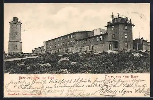 AK Brocken i. H., Hotel und Turm auf dem Gipfelplateau