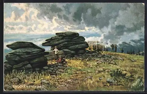 Künstler-AK Brocken, Wanderer am Gestein
