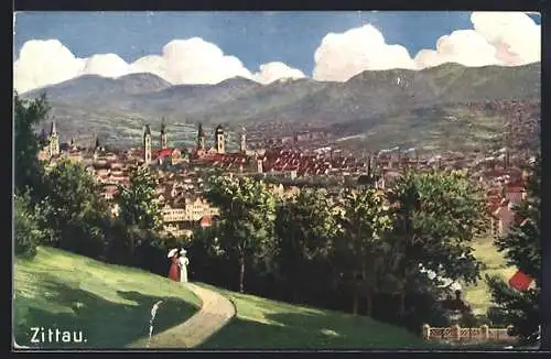 AK Zittau, Blick von einer Anhöhe auf den Ort