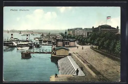AK Mainz, Dampfer am Rheinufer