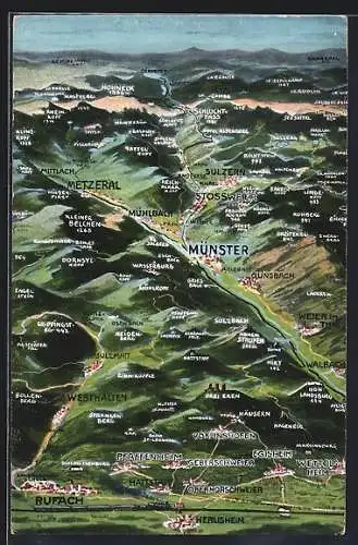 Künstler-AK Münster, Landkarte mit Ortsansichten, mit Bergpanorama