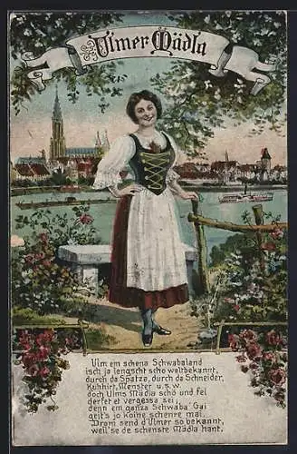 AK Ulm / Donau, Ulmer Mädl'a in Tracht vor dem Ort