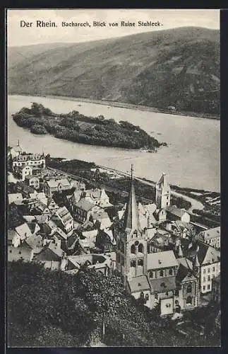 AK Bacharach, Ort und Rhein von der Ruine Stahleck aus