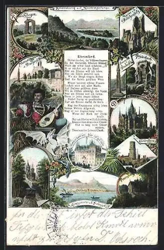 AK Königswinter, Ortsansicht mit Siebengebirge, Rheinlied, Burgen im Siebengebirge