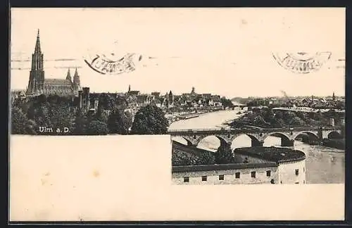 AK Ulm a. D., Ortsansicht mit Münster und Brücken aus der Vogelschau