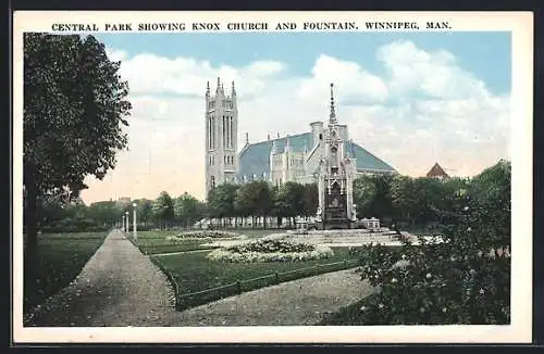AK Winnipeg /Man., Central Park showing Knox Church and Fountain