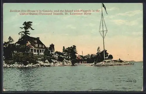 AK Thousand Islands, NY, Zavikon, the House is in Canada and the island with the Flagpole in the United States