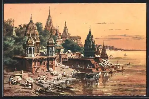 Künstler-AK Friedrich Perlberg: Benares, Motiv am Ganges