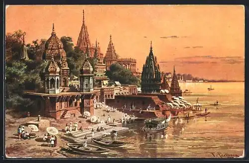 Künstler-AK Friedrich Perlberg: Benares, Motiv am Ganges