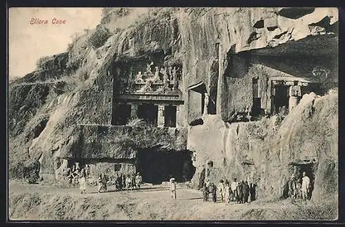 AK Ellora Cave, Felsen mit Häusern
