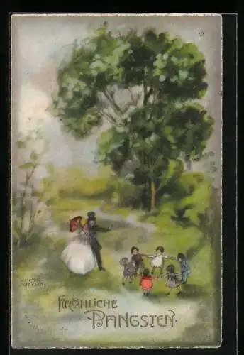 Künstler-AK Hannes Petersen: Kinder tanzen auf einer Wiese, Pfingstgruss