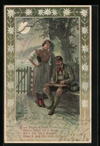 Künstler-AK E. Döcker: Liebespaar mit Zither bei Vollmond