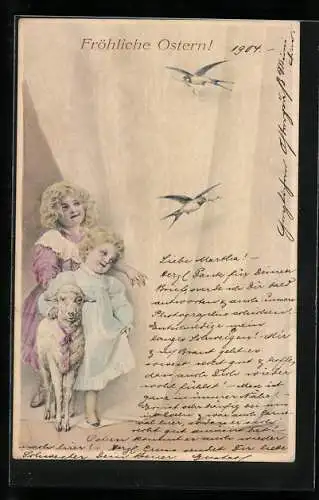 Künstler-AK Wichera: Kinder mit Osterlamm und Schwalben