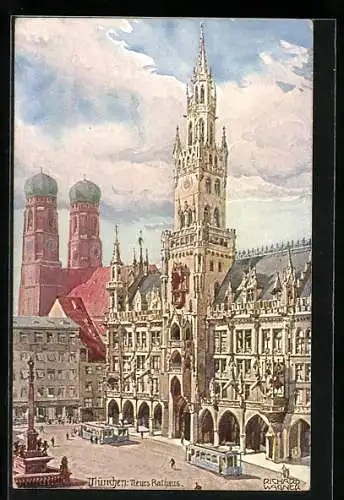 Künstler-AK Richard Wagner: München, Neues Rathaus mit Strassenbahnen