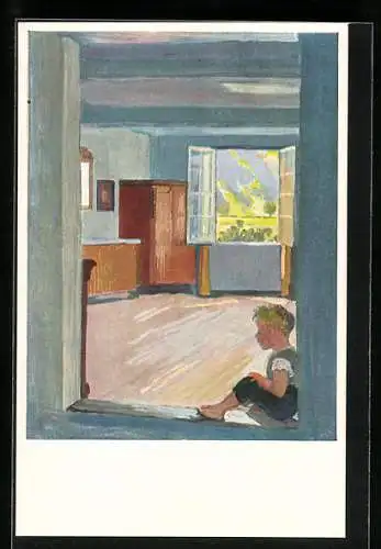 Künstler-AK Albert Welti: der Bube sitzt in seiner Tür