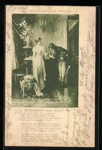 Künstler-AK Wichera: Willkommen zum Duett, Mann küsst Hand einer Dame im Musikzimmer