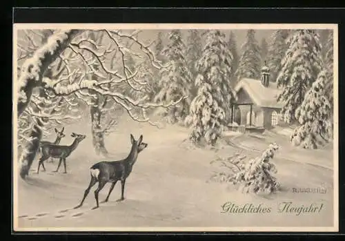 Künstler-AK R.Ulreich: Weihnachtsgrüsse, Rehe vor der eingeschneiten Waldkapelle