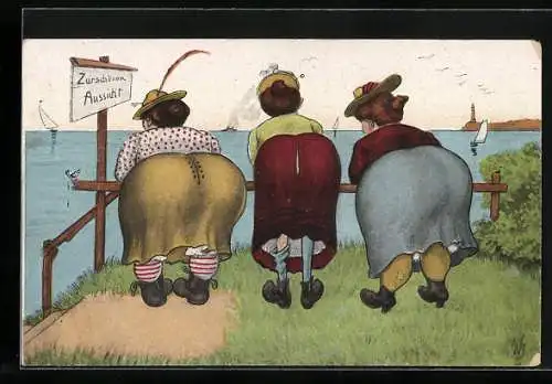 Künstler-AK Willi Scheuermann: Zur schönen Aussicht, Frauen mit dickem Hintern