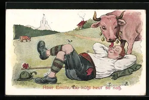 Künstler-AK Willi Scheuermann: Aber Emilie, du küsst heut` so nass, Mann wird von Kuh abgeleckt