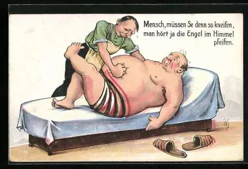 Künstler-AK Willi Scheuermann: Der Masseur knetet den fettleibigen Mann