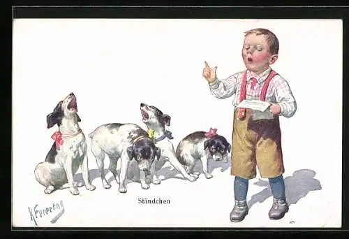 Künstler-AK Karl Feiertag: Junge singt mit Hunden ein Ständchen
