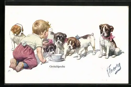 Künstler-AK Karl Feiertag: Junge mit Hunden bei einer Geduldprobe