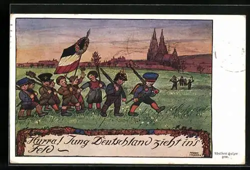 Künstler-AK Adalbert Holzer: Kinder spielen Soldaten auf der Wiese