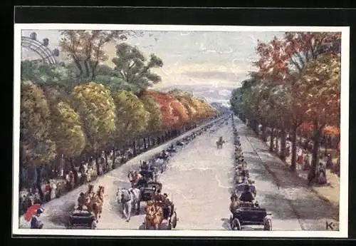Künstler-AK J. Kalous: Wien, Prater, Hauptallee mit Kutschen im Herbst
