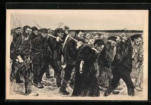 Künstler-AK Käthe Kollwitz: Werberzug, Männerzug m. Spitzhacken