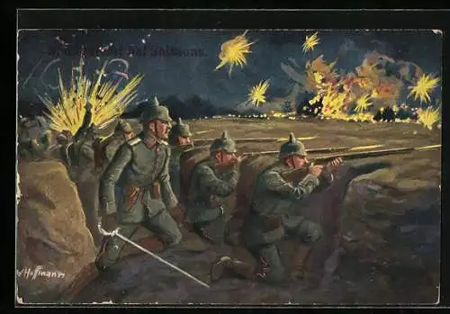 Künstler-AK Ad. Hoffmann: Nachtgefecht, Schützengraben