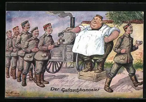 Künstler-AK Ad. Hoffmann: Gulaschkanonier, Soldaten empfangen ihr Essen aus der Feldküche