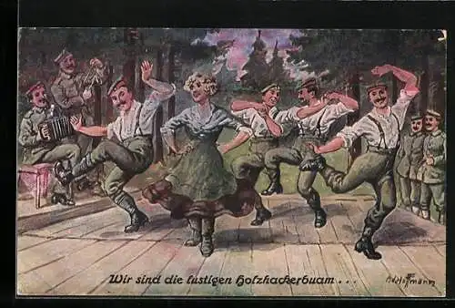 Künstler-AK Ad. Hoffmann: Wir sind die lustigen Holzhackerbuam, Tanz im Wald