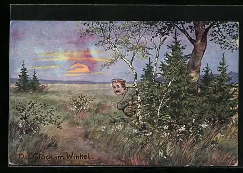 AK Das Glück im Winkel, Soldat hockt hinterm Baum