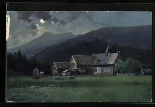 Künstler-AK C.E.Morgenstern: Ludwigsbaude mit dem Hochstein, Isergebirge