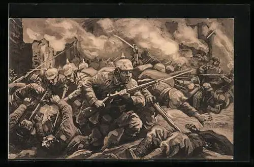 Künstler-AK Curt Schulz-Steglitz: Lille, Strassenkampf, 1914-15