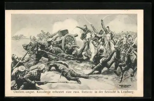 Künstler-AK Curt Schulz-Steglitz: Oesterr.-ungar. Kavallerie in der Schlacht bei Lemberg
