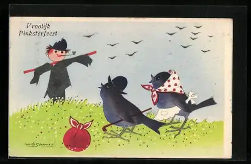 Künstler-AK Willy Schermele: vermenschlichte Vögel vor einer Vogelscheuche