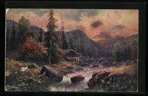 Künstler-AK Leopold Schweiger: Hütte in einer Berglandschaft im Abendlicht