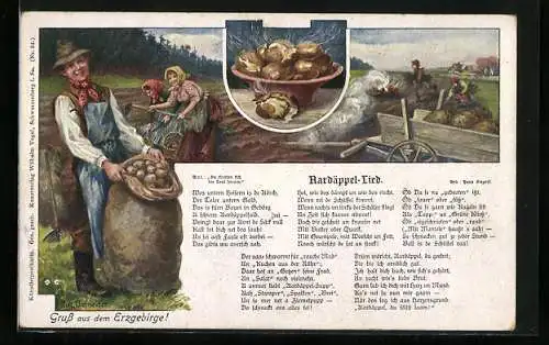 Künstler-AK Rudolf Schneider: Aardäppel-Lied, heisse Kartoffeln in der Schüssel, Bauern bei der Kartoffelernte