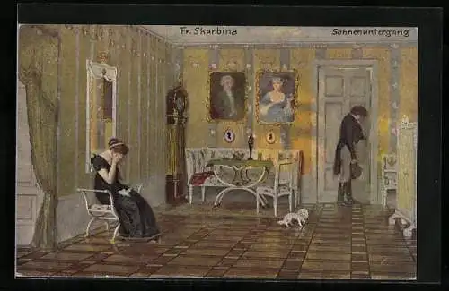 Künstler-AK Franz Skarbina: Traurige Dame auf einem Stuhl sitzend, Ehemann verlässt das Zimmer, Hund