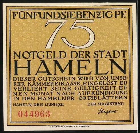 Notgeld Hameln, 1921, 75 Pfennig, Der Siebenlinge von Hameln, gültig bis ein Monat nach Aufkündigung