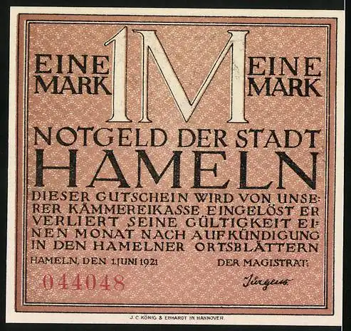 Notgeld Hameln, 1921, 1 Mark, Darstellung der Siebenlinge und Text über die Geburt der Kinder von 1600