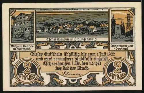 Notgeld Eschershausen 1921, 2 Mark, Wilhelm Raabe`s Geburtshaus und Raabeturm-Denkmal