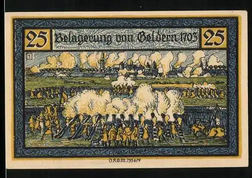 Notgeld Geldern, 1918, 25 Pfennig, Belagerung von Geldern 1703, Wappen und Text der Kreissparkasse