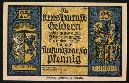 Notgeld Geldern, 1918, 25 Pfennig, Belagerung von Geldern 1703, Wappen und Text der Kreissparkasse