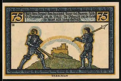 Notgeld Geldern, 1921, 75 Pfennig, zwei Ritter kämpfen vor einer Burg und Wappen auf Rückseite