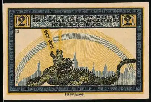 Notgeld Geldern, 1921, Zwei Mark, Löwe mit Wappen, Drache vor Stadtansicht