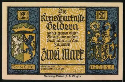 Notgeld Geldern, 1921, Zwei Mark, Löwe mit Wappen, Drache vor Stadtansicht